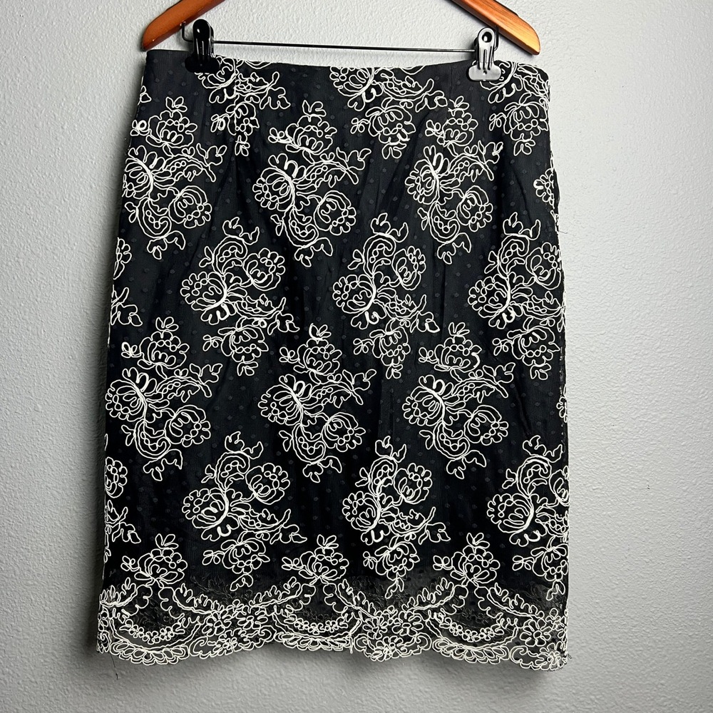 Victor Costa Pencil Skirt Floral Embroidered Victorian Black Polka Dot Career 16